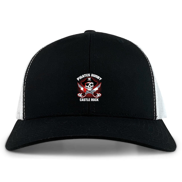 The Castle Rock Pirates Rugby Retro Trucker Cap by EMB S&S Activewear features a black and white design, front skull and crossed swords embroidery, "Pirates Rugby Castle Rock" text, and a snapback closure.
