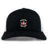 The Castle Rock Pirates Rugby Retro Trucker Cap by EMB S&S Activewear features a black and white design, front skull and crossed swords embroidery, "Pirates Rugby Castle Rock" text, and a snapback closure.