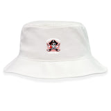 The EMB S&S Activewear Castle Rock Pirates Rugby Crusher Bucket Cap features white cotton twill, a small embroidered pirate logo, and "Pirate Rugby Castle Rock" text on the front for stylish sun protection.