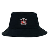 The Castle Rock Pirates Rugby Crusher Bucket Cap by EMB S&S Activewear is a black cotton twill hat with an embroidered skull and crossbones logo and "Pirates Rugby Castle Rock" text—ideal for stylish sun protection.