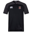 The Castle Rock Pirates Rugby Vapodri Evader Jersey by EMB Canterbury is a black and dark grey short-sleeve jersey featuring the team crest, Canterbury logo, and advanced "VapoDri" moisture-wicking technology for top performance.