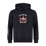 The Castle Rock Pirates Rugby Club Hoodie by WRS Canterbury features "Pirates Rugby Castle Rock" text, a skull with crossed rugby balls and red wings on the chest, and white stripes on the left sleeve.