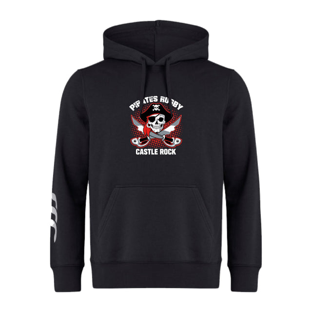 The Castle Rock Pirates Rugby Club Hoodie by WRS Canterbury features "Pirates Rugby Castle Rock" text, a skull with crossed rugby balls and red wings on the chest, and white stripes on the left sleeve.
