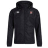 The Castle Rock Pirates Rugby Club Vaposhield Full Zip Rain Jacket by EMB Canterbury features a hood, water-resistant VapoShield tech, a white Canterbury logo on the right chest, and the team crest with text on the left chest.