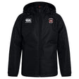 The Castle Rock Pirates Rugby Club Vaposhield Stadium Jacket by EMB Canterbury is a black, hooded rugby jacket with a front zipper, padded insulation, the Canterbury logo on the right chest, and a team crest with text on the left.