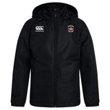 The Castle Rock Pirates Rugby Club Vaposhield Stadium Jacket by EMB Canterbury is a black, hooded rugby jacket with a front zipper, padded insulation, the Canterbury logo on the right chest, and a team crest with text on the left.