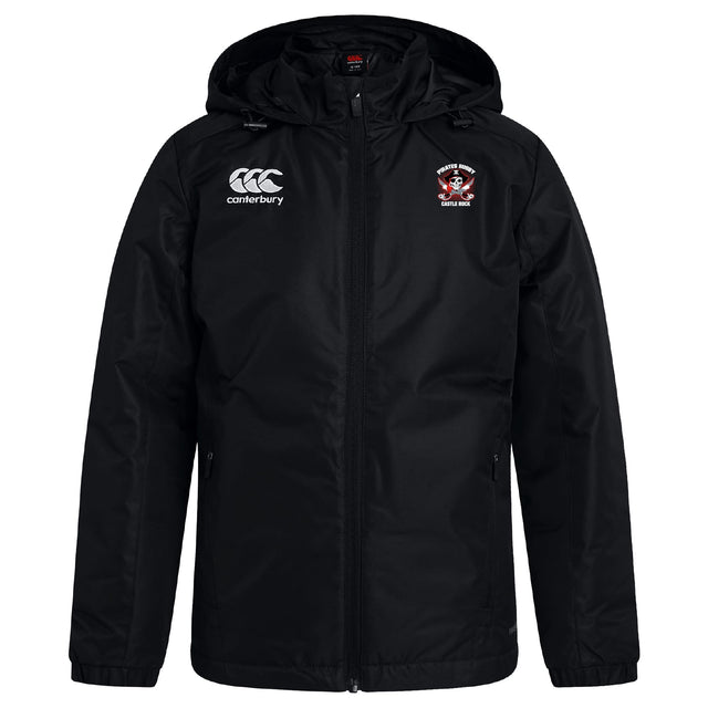 The Castle Rock Pirates Rugby Club Vaposhield Stadium Jacket by EMB Canterbury is a black, hooded rugby jacket with a front zipper, padded insulation, the Canterbury logo on the right chest, and a team crest with text on the left.