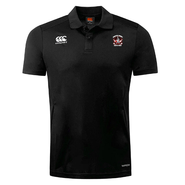 Castle Rock Pirates Rugby Club Dry Polo by EMB Canterbury features a black short-sleeve design, team crest on chest, Vapodri tech for breathable comfort, classic collar, and button placket.