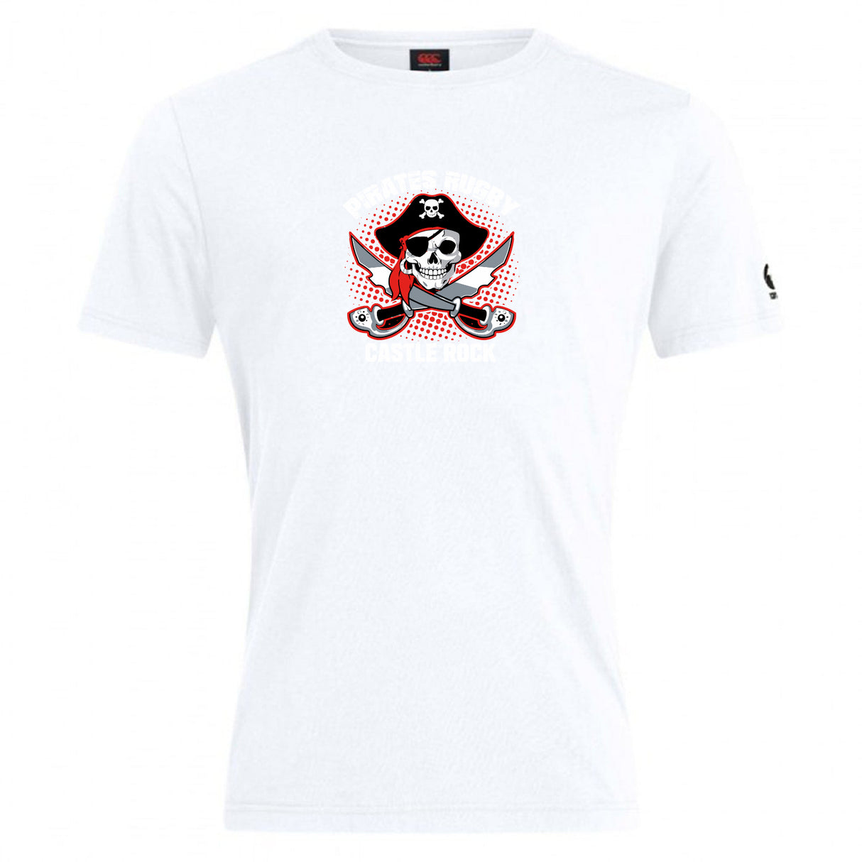 The Castle Rock Pirates Rugby Club Plain Tee by WRS Canterbury is a white cotton blend t-shirt with a skull in a pirate hat, crossed skateboards, and "CASTLE ROCK" text beneath the graphic.