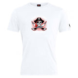 The Castle Rock Pirates Rugby Club Plain Tee by WRS Canterbury is a white cotton blend t-shirt with a skull in a pirate hat, crossed skateboards, and "CASTLE ROCK" text beneath the graphic.