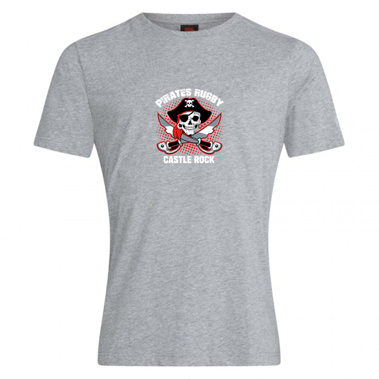 The Castle Rock Pirates Rugby Club Plain Tee by WRS Canterbury is a gray cotton blend shirt, ideal for customization, featuring a "Pirates Rugby Castle Rock" chest logo with skull, crossed swords, and red bandana.