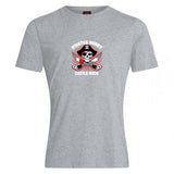 The Castle Rock Pirates Rugby Club Plain Tee by WRS Canterbury is a gray cotton blend shirt, ideal for customization, featuring a "Pirates Rugby Castle Rock" chest logo with skull, crossed swords, and red bandana.
