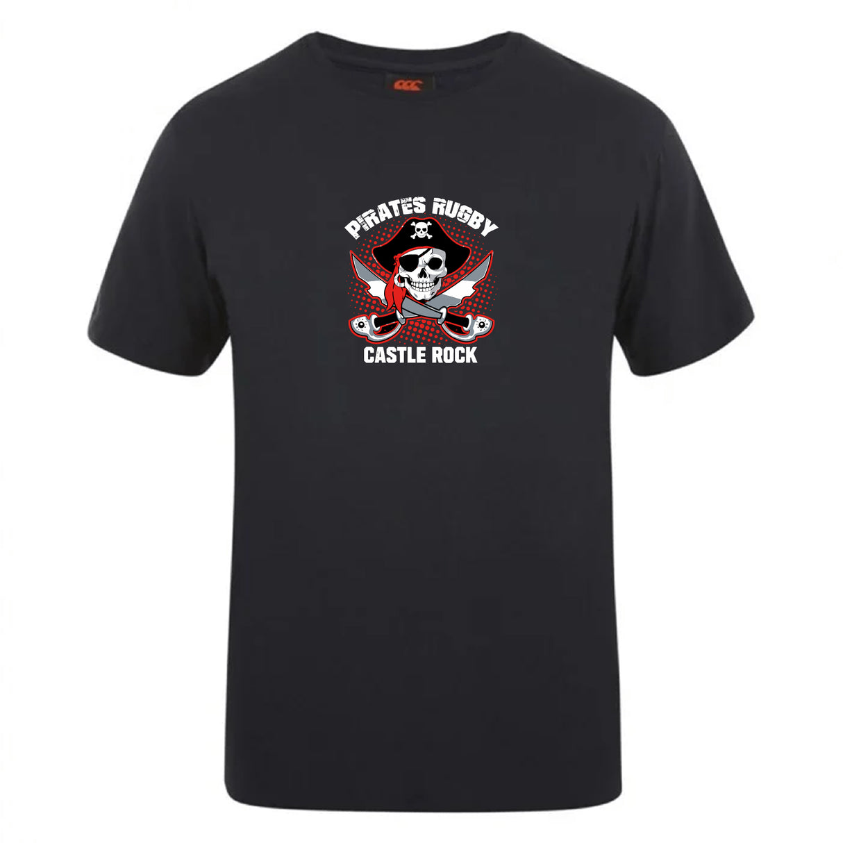 The Castle Rock Pirates Rugby Club Plain Tee by WRS Canterbury is a black cotton blend t-shirt featuring a skull and crossbones with red bandana, rugby balls, and “Pirates Rugby Castle Rock”—a bold, customizable choice for fans.