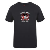 The Castle Rock Pirates Rugby Club Plain Tee by WRS Canterbury is a black cotton blend t-shirt featuring a skull and crossbones with red bandana, rugby balls, and “Pirates Rugby Castle Rock”—a bold, customizable choice for fans.