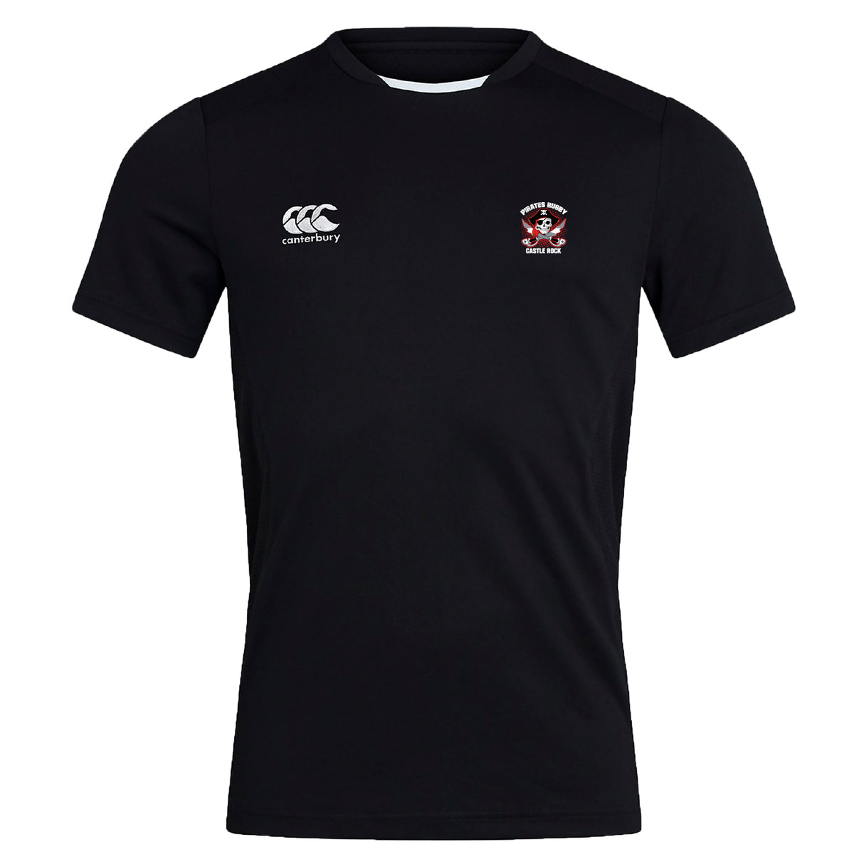 The Castle Rock Pirates Rugby Club Dry Tee by EMB Canterbury is a breathable black short-sleeve workout shirt featuring a small white Canterbury logo on the right chest and a red and white crest on the left.