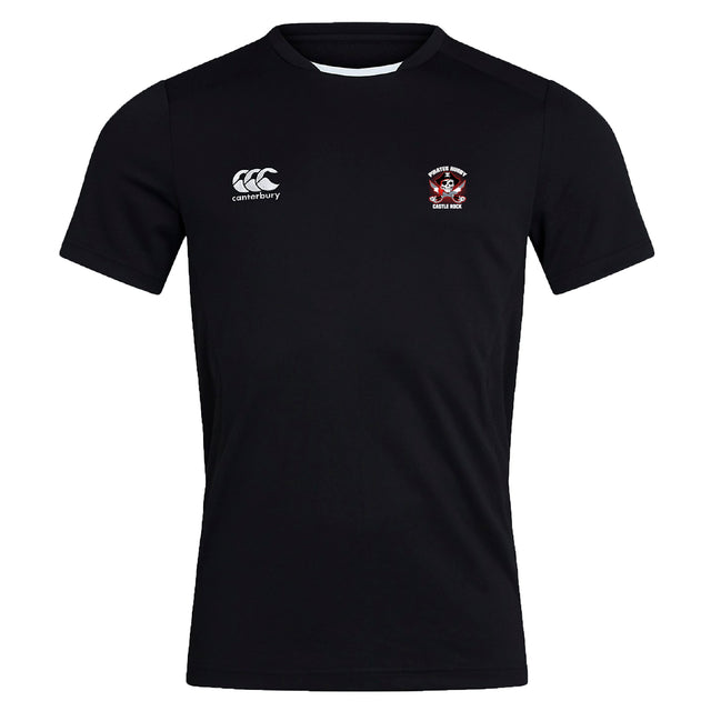 The Castle Rock Pirates Rugby Club Dry Tee by EMB Canterbury is a breathable black short-sleeve workout shirt featuring a small white Canterbury logo on the right chest and a red and white crest on the left.