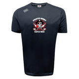 The Castle Rock Pirates Rugby Tempo Vapodri T-Shirt by WRS Canterbury features a skull with crossed rugby balls and red bandana graphic, plus “Pirates Rugby Castle Rock” on the front, making it a moisture-wicking shirt for players and fans.