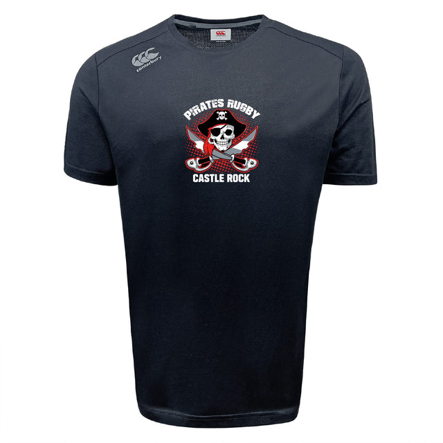 The Castle Rock Pirates Rugby Tempo Vapodri T-Shirt by WRS Canterbury features a skull with crossed rugby balls and red bandana graphic, plus “Pirates Rugby Castle Rock” on the front, making it a moisture-wicking shirt for players and fans.