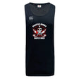 The Castle Rock Pirates Rugby Tempo Vapodri Singlet by WRS Canterbury is a black recycled polyester sleeveless jersey, featuring "Pirate's Rugby Castle Rock" and a skull with crossed swords logo on the front.
