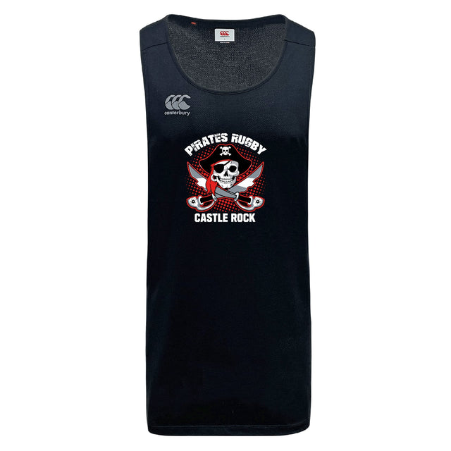 The Castle Rock Pirates Rugby Tempo Vapodri Singlet by WRS Canterbury is a black recycled polyester sleeveless jersey, featuring "Pirate's Rugby Castle Rock" and a skull with crossed swords logo on the front.