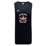 The Castle Rock Pirates Rugby Tempo Vapodri Singlet by WRS Canterbury is a black recycled polyester sleeveless jersey, featuring "Pirate's Rugby Castle Rock" and a skull with crossed swords logo on the front.