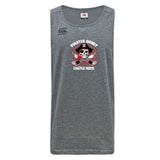 The WRS Canterbury Castle Rock Pirates Rugby Tempo Vapodri Singlet is a gray, sleeveless jersey made from recycled polyester, with "Pirates Rugby Castle Rock" and a pirate skull logo with crossed swords on the front.