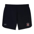 The Castle Rock Pirates Rugby Women's Elite Woven Short by EMB Canterbury features a small white logo on the left leg and a "Pirates Rugby Castle Rock" emblem on the right, ideal for gym sessions.