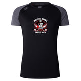 The Castle Rock Pirates Rugby Women's Elite Training Tee by WRS Canterbury is a lightweight black and gray shirt with “Pirates Rugby Castle Rock” and a skull logo, made from moisture-wicking fabric for comfortable training.
