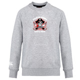 The Castle Rock Pirates Rugby Club Crew Sweatshirt by WRS Canterbury features a gray ultra-soft design, chest logo with skull, crossed swords and rugby balls, embroidered CCC logo, and small white "Kukri" logo on the left sleeve.