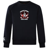 The Castle Rock Pirates Rugby Club Crew Sweatshirt by WRS Canterbury is a black, ultra-soft top featuring “Pirates Rugby Castle Rock” text and a pirate skull graphic on the front, plus an embroidered CCC logo on the left sleeve.