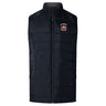 The Castle Rock Pirates Rugby Women's Elite Microlite Gilet by EMB Canterbury is a sleeveless black insulated vest with Thermoreg fleece lining, front zipper, and an embroidered "Castle Park Rugby" logo on the left chest.