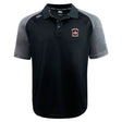 The Castle Rock Pirates Rugby Elite Polo by EMB Canterbury features a black design with dark gray sleeves, buttoned collar, and embroidered team logo on the chest. Made with Vapodri fabric for a lightweight, durable feel.
