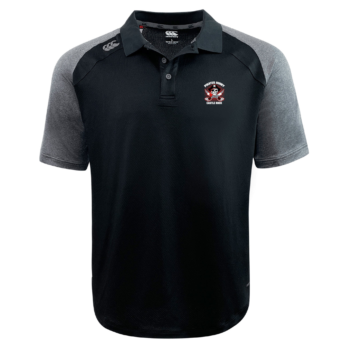 The Castle Rock Pirates Rugby Elite Polo by EMB Canterbury features a black design with dark gray sleeves, buttoned collar, and embroidered team logo on the chest. Made with Vapodri fabric for a lightweight, durable feel.
