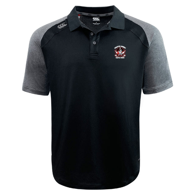 The Castle Rock Pirates Rugby Elite Polo by EMB Canterbury features a black design with dark gray sleeves, buttoned collar, and embroidered team logo on the chest. Made with Vapodri fabric for a lightweight, durable feel.
