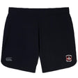 The Castle Rock Pirates Rugby Elite Woven Short by EMB Canterbury features a white Canterbury logo on the left leg, a red and white "Pirates Rugby Castle Rock" emblem on the right leg, and zippered pockets for secure storage during training.