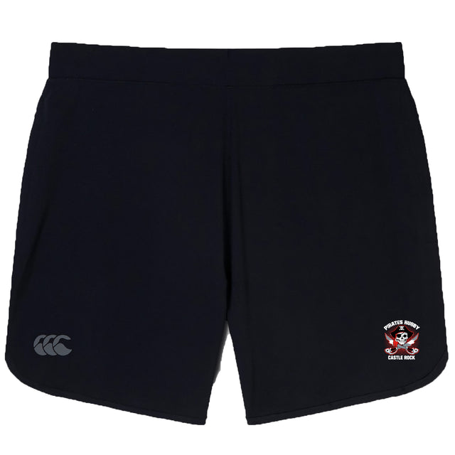 The Castle Rock Pirates Rugby Elite Woven Short by EMB Canterbury features a white Canterbury logo on the left leg, a red and white "Pirates Rugby Castle Rock" emblem on the right leg, and zippered pockets for secure storage during training.