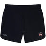The Castle Rock Pirates Rugby Elite Woven Short by EMB Canterbury features a white Canterbury logo on the left leg, a red and white "Pirates Rugby Castle Rock" emblem on the right leg, and zippered pockets for secure storage during training.