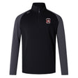 The Castle Rock Pirates Rugby Elite First Layer by EMB Canterbury is a black and gray long-sleeve quarter-zip pullover with a small embroidered team logo on the left chest and a white Canterbury logo on the right shoulder, ideal for rugby training.