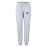 The Castle Rock Pirates Rugby Women's Leisure Sweatpant by EMB Canterbury features a light grey design, adjustable drawstring waist, and a small colorful embroidered patch on the left thigh, inspired by Canterbury rugby apparel.