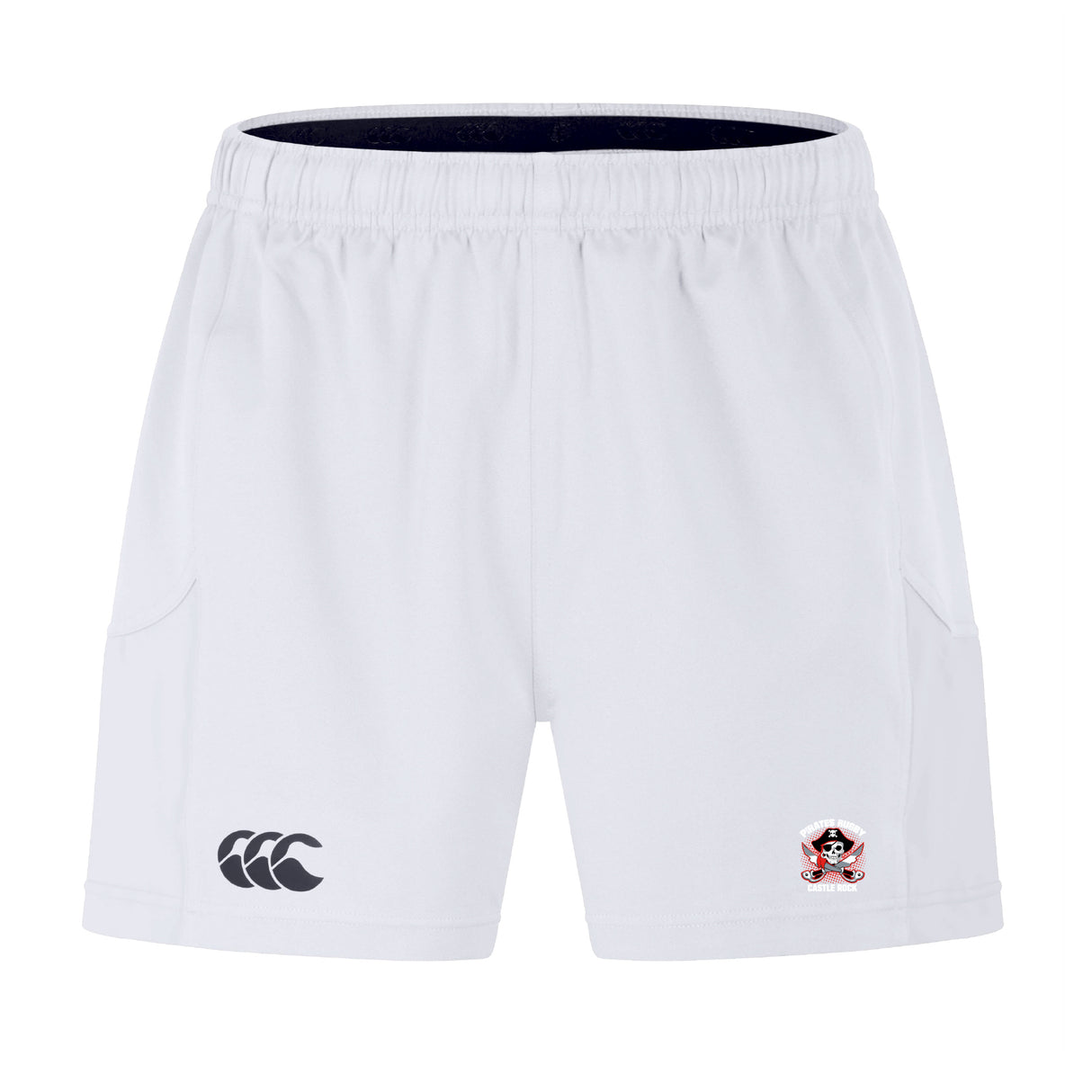 The Castle Rock Pirates Rugby Advantage Short 2.0 by EMB Canterbury features an elastic waistband, a black Canterbury logo on the left leg, an embroidered crest on the right, and is made with recycled materials for sustainability.