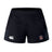 The Castle Rock Pirates Rugby Women's Advantage Short 2.0 by EMB Canterbury are black, sustainable athletic shorts with a white Canterbury logo on the left leg and a red and white crest on the right—ideal for performance training.