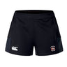The Castle Rock Pirates Rugby Women's Advantage Short 2.0 by EMB Canterbury are black, sustainable athletic shorts with a white Canterbury logo on the left leg and a red and white crest on the right—ideal for performance training.