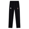 The Castle Rock Pirates Rugby Stretch Tapered Pant by EMB Canterbury features an elastic waistband, black stretch fabric, and dual front logos on the thighs—ideal men’s workout pants for comfort and movement.
