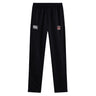 The Castle Rock Pirates Rugby Stretch Tapered Pant by EMB Canterbury features an elastic waistband, black stretch fabric, and dual front logos on the thighs—ideal men’s workout pants for comfort and movement.