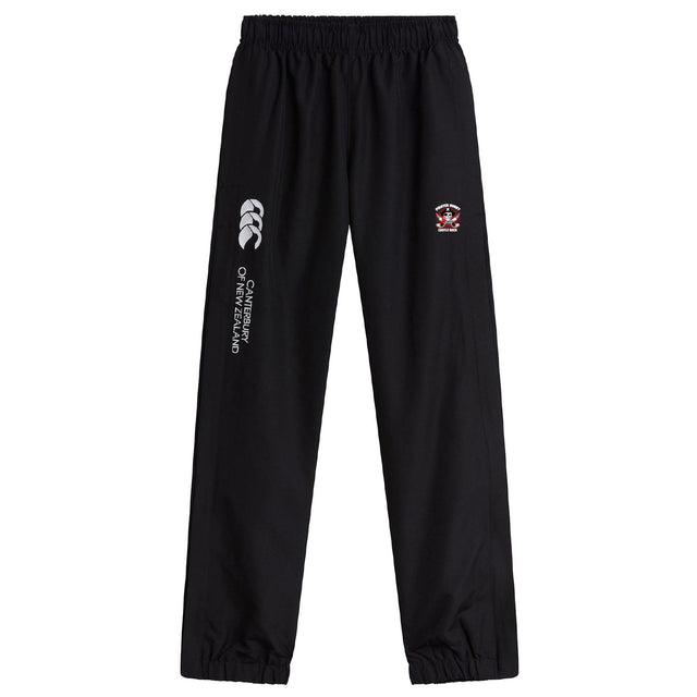 The Castle Rock Pirates Rugby Cuffed Hem Stadium Pant by EMB Canterbury features an elastic waistband, cuffed hem, white branding, and a red/white crest on the left thigh—perfect for rugby training or casual wear.