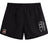 The Castle Rock Pirates Rugby Tactic Short by EMB Canterbury features a lightweight black design, elastic waistband, white abstract logo on the right leg, and a red-and-white emblem on the left—ideal men's rugby shorts for comfort and performance.