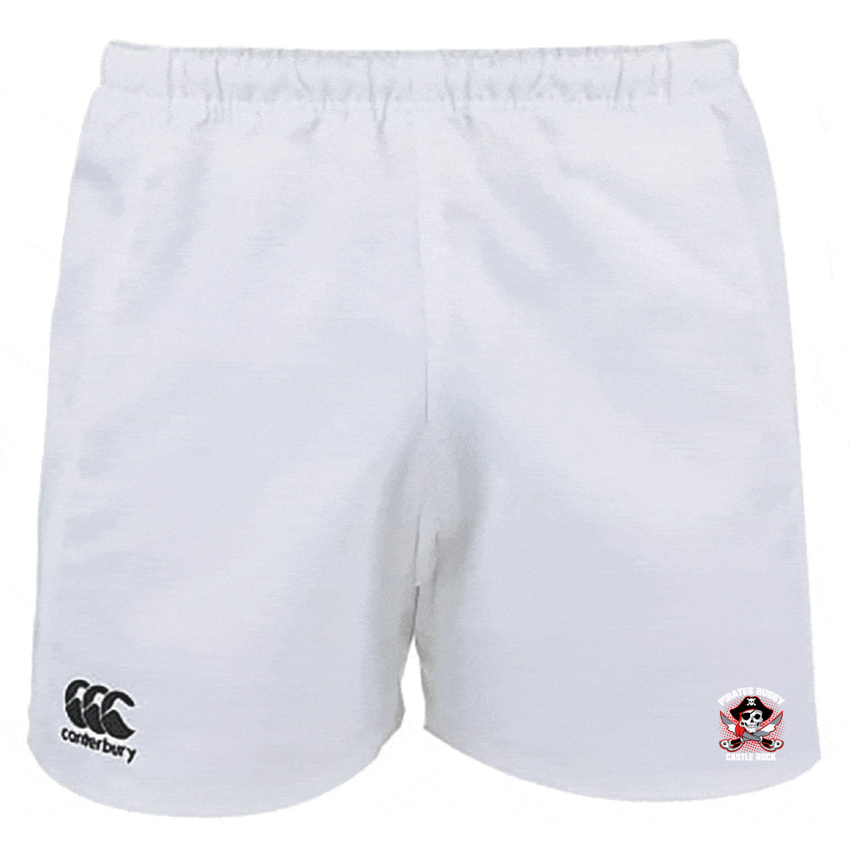 The Castle Rock Pirates Rugby Advantage Rugby Shorts by EMB Canterbury feature the iconic logo on the left leg and team crest on the right, offering moisture-wicking comfort perfect for intense rugby action.