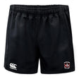 The Castle Rock Pirates Rugby Advantage Shorts by EMB Canterbury feature an elastic waistband, moisture-wicking fabric, the Canterbury logo on the left leg, and a "Pirates Rugby Castle Rock" crest on the right.
