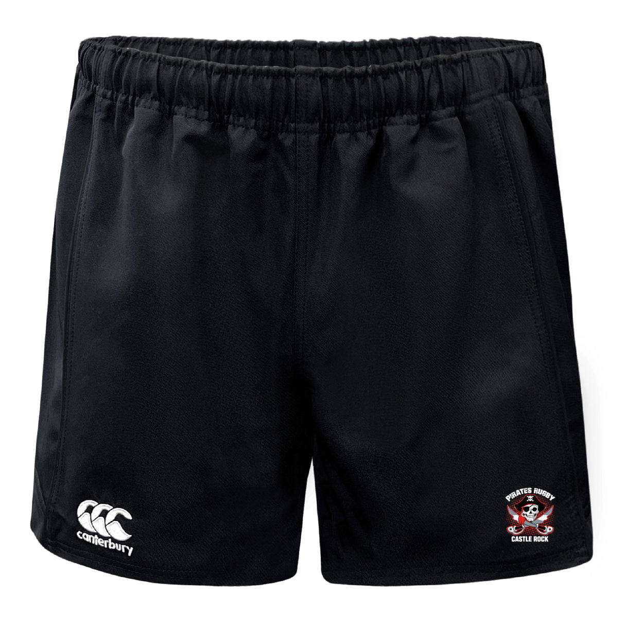 The Castle Rock Pirates Rugby Advantage Shorts by EMB Canterbury feature an elastic waistband, moisture-wicking fabric, the Canterbury logo on the left leg, and a "Pirates Rugby Castle Rock" crest on the right.
