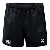 The Castle Rock Pirates Rugby Advantage Shorts by EMB Canterbury feature an elastic waistband, moisture-wicking fabric, the Canterbury logo on the left leg, and a "Pirates Rugby Castle Rock" crest on the right.